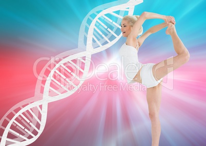 woman dancing with white dna chain and colors background