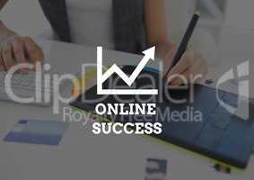 Online success text against hands with graphics tablet