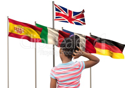 main language flags behind girl backwards