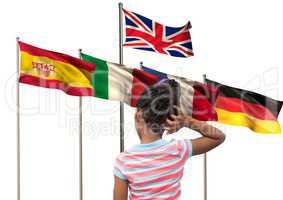 main language flags behind girl backwards