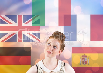 main language flags with opacity around young woman. Lights background