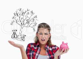 Broke woman with piggy-bank and money tree draw in the other hand . empty pocket concept. White back