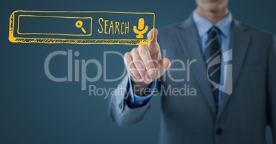 Business man mid section touching yellow search bar against dark blue background