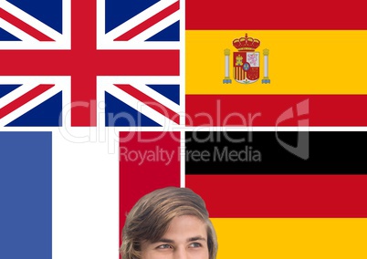 main language flags around young man thinking