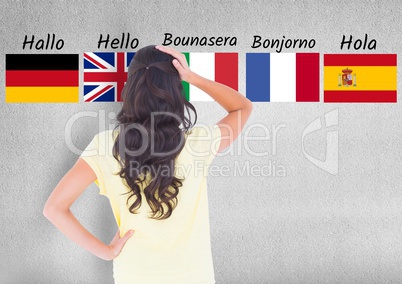 main language flags with words behind woman thinking