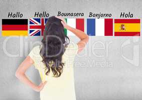 main language flags with words behind woman thinking