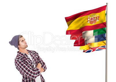 main language flags near young man with hat