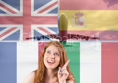 main language flags around young woman whit a idea. Plane background