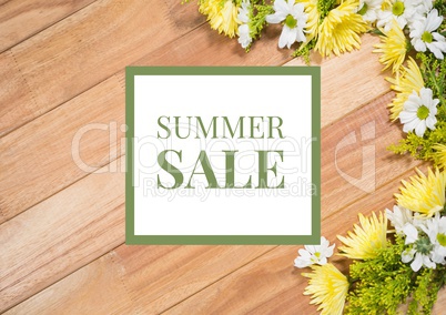 Overhead of flower on table with green and white summer sale graphic