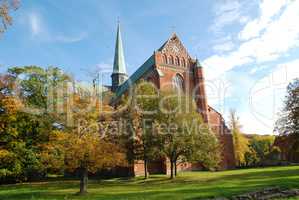 Minster in Bad Doberan (Germany), autumn trees with yellow leave