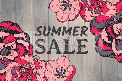 Summer sale text and pink flower graphics against grey wood panel