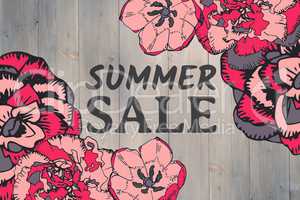 Summer sale text and pink flower graphics against grey wood panel