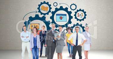 Digital composite image of business people standing against cog wheels