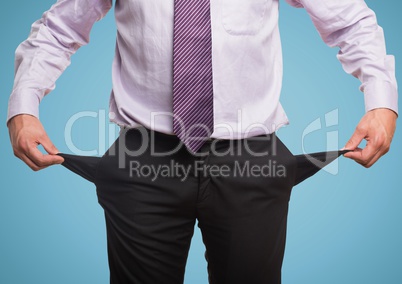 Businessman with pink suit and empty pocket, blue background