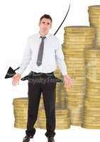 Sad businessman with empty pocket with money with down arrow background