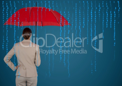 Back of business woman with umbrella against blue background and blue code