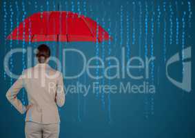Back of business woman with umbrella against blue background and blue code