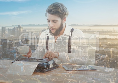 Hipster man  on typewriter over city