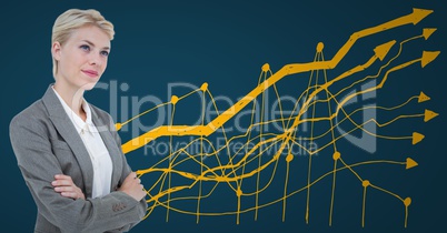 Business woman thinking against blue background with yellow graph