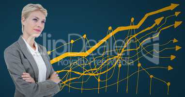Business woman thinking against blue background with yellow graph