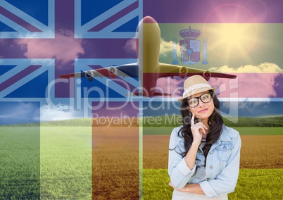 main language flags overlap with plane around young woman with hat thinking