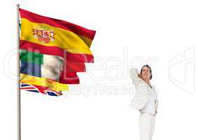 main language flags near young businesswoman