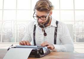 Hipster man  on typewriter with bright windows