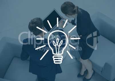 Overhead of business man and woman with laptop behind white lightbulb graph and dark blue overlay