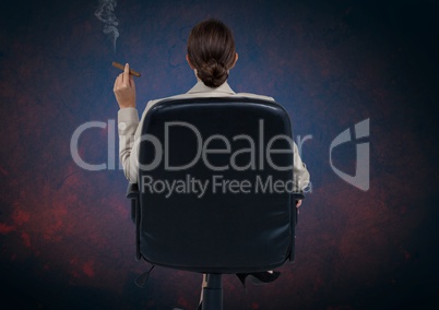 Businesswoman Back Sitting in Chair with cigar and dark background