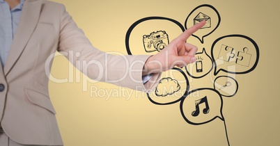 Business woman mid section pointing at grey business graphic against yellow background