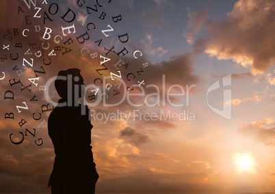 Man thinking silhouette with text around him. Sky background