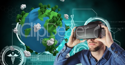 Casual man with virtual glasses in front of 3D earth
