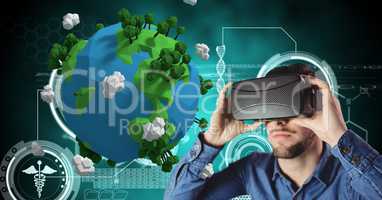 Casual man with virtual glasses in front of 3D earth
