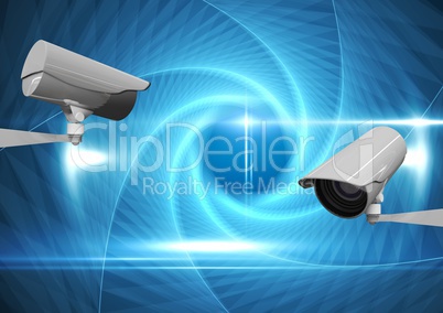 CCTV cameras against blue abstract background