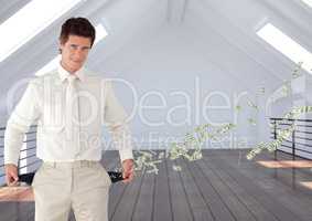 Businessman standing in office showing empty pockets representing loss of money