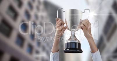 Cropped image of hands holding trophy against buildings
