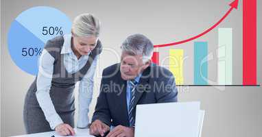 Digital image of business people with file folder and documents discussing against graphs