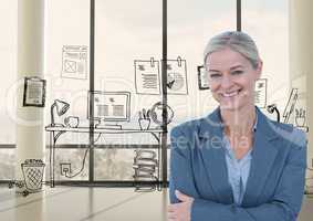 Portrait of confident businesswoman standing against office drawings