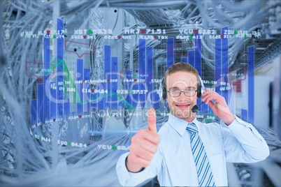 Businessman wearing Head set and make a thumbs up against server background
