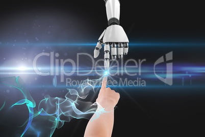 Human and robot touching their fingers against black background