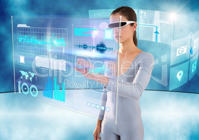 futuristic room interface with futuristic woman