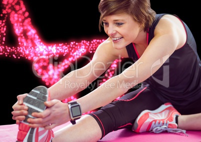 woman stretching with pink lights dna chain background