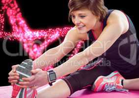 woman stretching with pink lights dna chain background