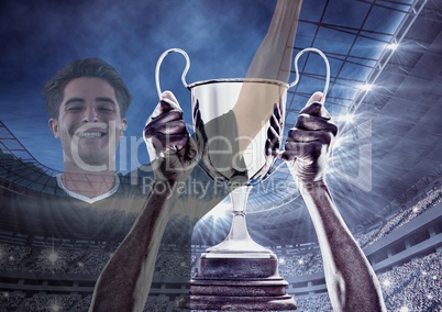 Soccer player wining the cup and two images are superimpose