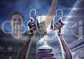 Soccer player wining the cup and two images are superimpose