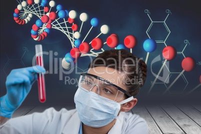 Medical models holding a test tube against with DNA graphics backgrounds