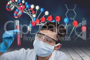 Medical models holding a test tube against with DNA graphics backgrounds