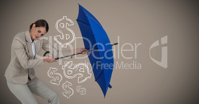 Business woman with umbrella gathering money graphics against brown background