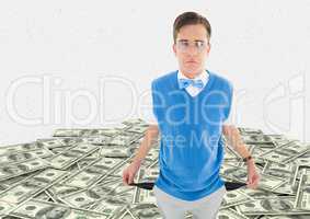Sad young man with empty pocket on a money floor