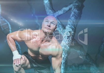 sporty man with stone dna chain and blue lights